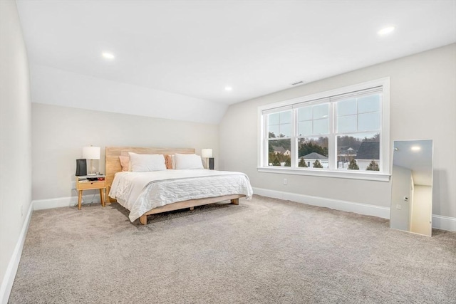 bedroom featuring carpet, vaulted ceiling, baseboards, and recessed lighting