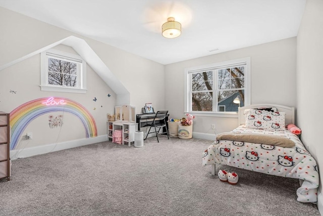 game room featuring vaulted ceiling, carpet floors, and baseboards