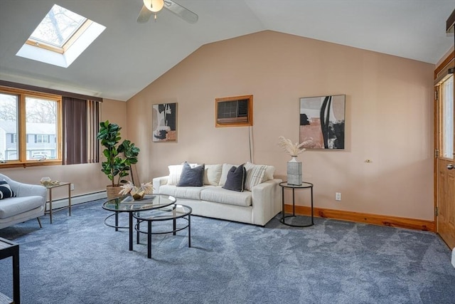 carpeted living room with lofted ceiling with skylight, a baseboard heating unit, a wall mounted AC, ceiling fan, and baseboards