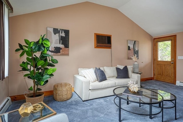 living area featuring a baseboard heating unit, vaulted ceiling, baseboards, a wall mounted air conditioner, and carpet floors