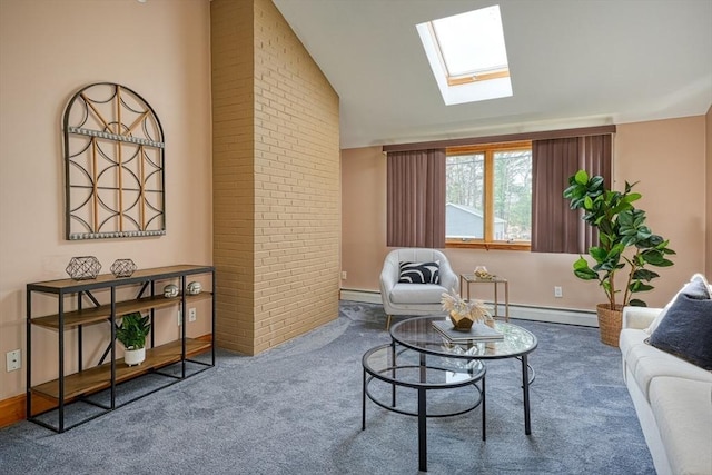 living room with baseboard heating, carpet, a baseboard radiator, and vaulted ceiling with skylight