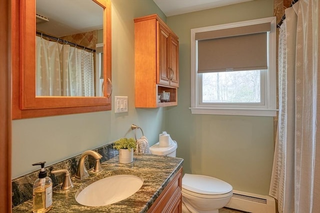 bathroom featuring baseboard heating, vanity, curtained shower, and toilet