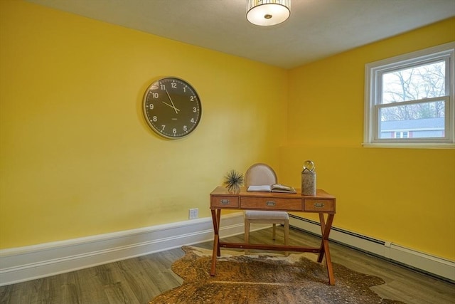 office featuring baseboards, wood finished floors, and baseboard heating