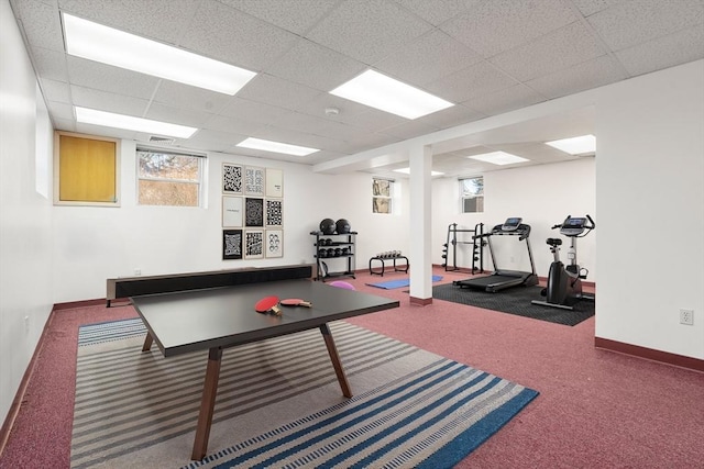 game room featuring a drop ceiling, visible vents, baseboards, and carpet