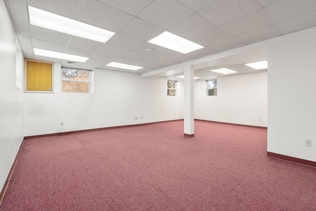 below grade area featuring carpet flooring, visible vents, baseboards, and a drop ceiling