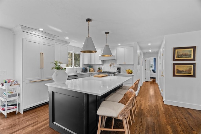 kitchen featuring paneled fridge, dark wood-style floors, range hood, and light countertops