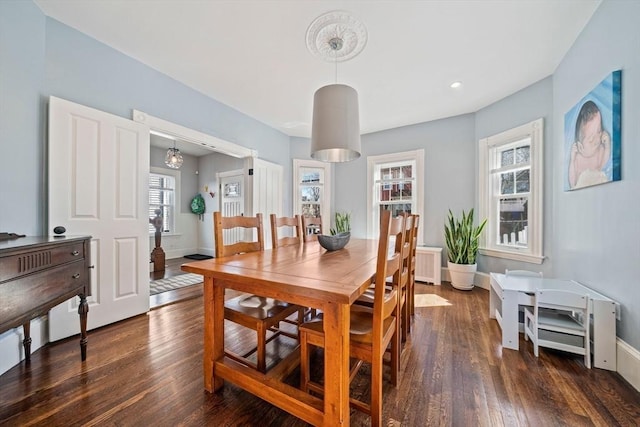 dining room featuring radiator heating unit, baseboards, and dark wood-style flooring