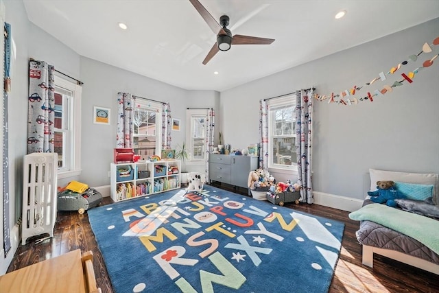 bedroom featuring recessed lighting, ceiling fan, baseboards, and wood finished floors