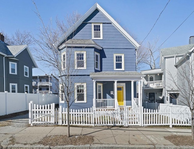 view of front of home featuring covered porch and a fenced front yard