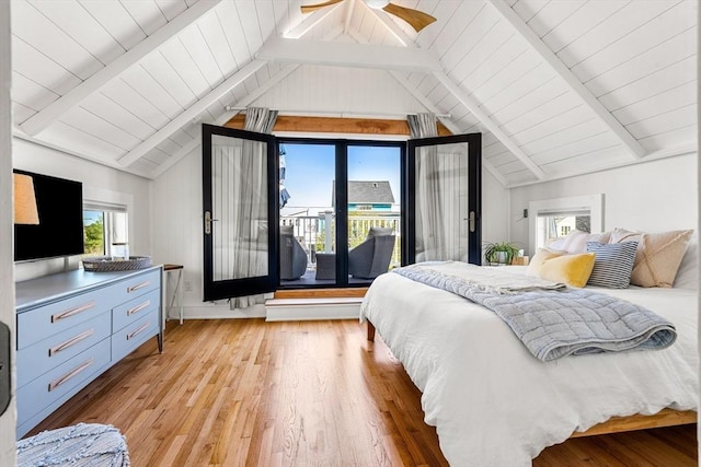 bedroom with light wood-style floors, lofted ceiling with beams, and wood ceiling