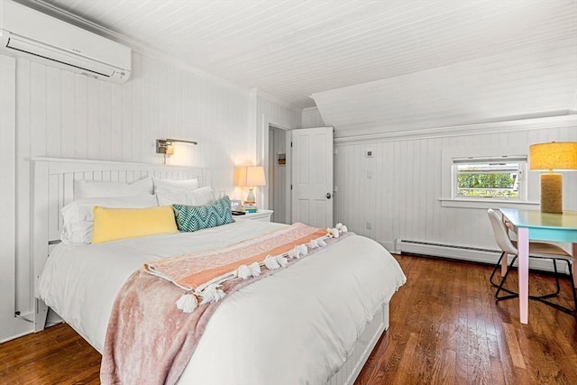 bedroom featuring crown molding, a wall unit AC, hardwood / wood-style flooring, and a baseboard radiator