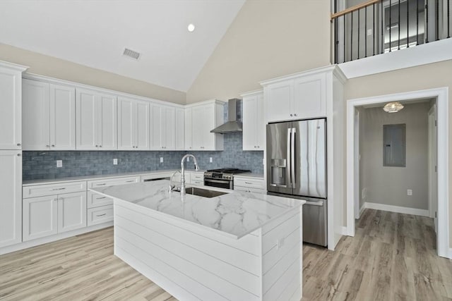 kitchen featuring a sink, electric panel, white cabinetry, appliances with stainless steel finishes, and wall chimney range hood