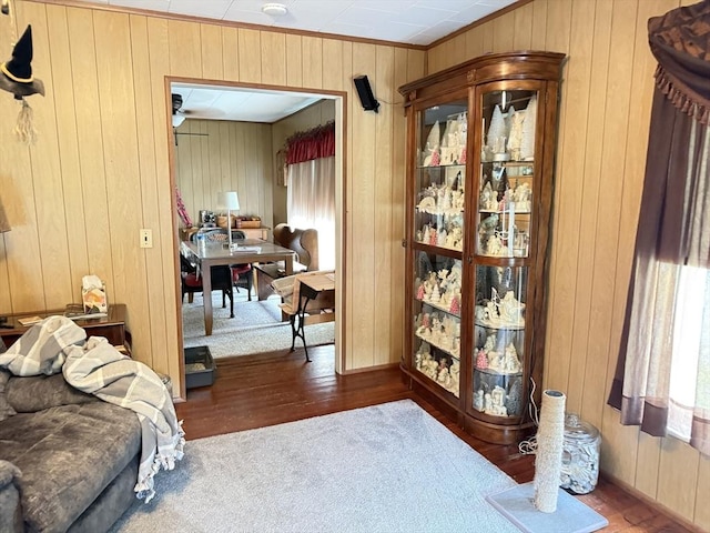 living area featuring wooden walls, wood finished floors, and crown molding