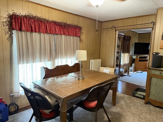 dining room with radiator heating unit, wooden walls, carpet flooring, and crown molding