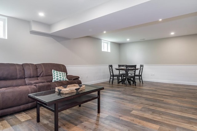 32 Charles St, Natick, MA 01760 - living area with wood finished floors, wainscoting, and recessed lighting