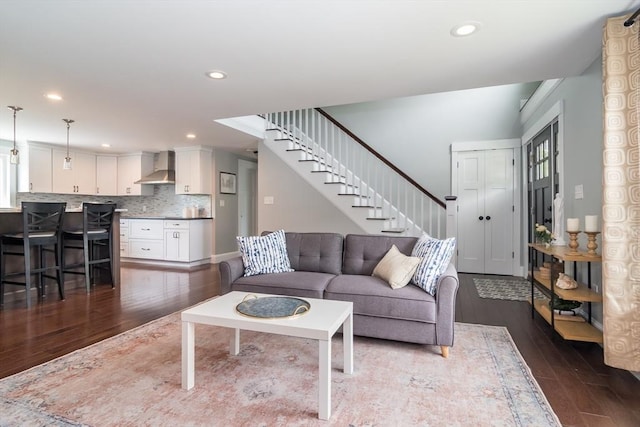32 Charles St, Natick, MA 01760 - living area with stairway, dark wood finished floors, and recessed lighting