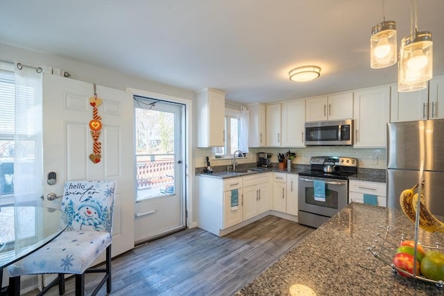 kitchen with stainless steel appliances, wood finished floors, a sink, white cabinetry, and tasteful backsplash