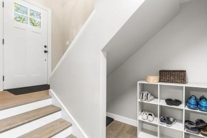 537 S River St, Marshfield, MA 02050 - staircase with baseboards and vaulted ceiling