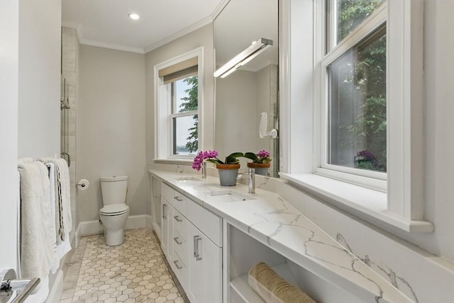 1650 Columbia Rd Unit 3, Boston, MA 02127 - full bath featuring double vanity, ornamental molding, recessed lighting, and a shower