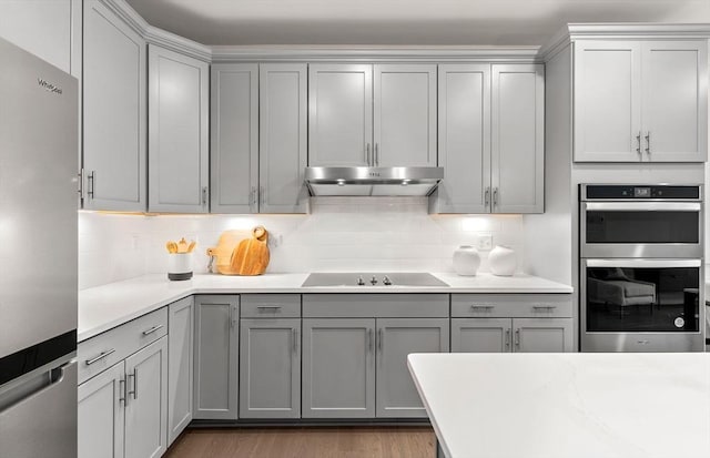 kitchen with appliances with stainless steel finishes, gray cabinetry, and light countertops