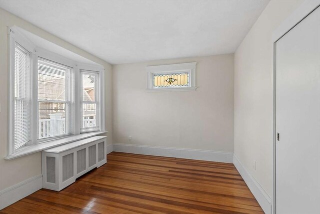 spare room featuring plenty of natural light, baseboards, and wood finished floors