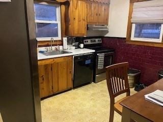 kitchen with black dishwasher, sink, stainless steel range with electric cooktop, and extractor fan