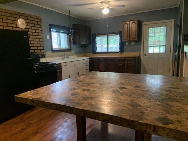 45-47 Middlefield Rd, Chester, MA 01011 - kitchen with black appliances, crown molding, ceiling fan, healthy amount of natural light, and light countertops