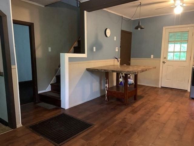 45-47 Middlefield Rd, Chester, MA 01011 - entrance foyer with stairway, crown molding, wood finished floors, a ceiling fan, and baseboards