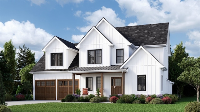 modern farmhouse with a garage, a front lawn, and a porch