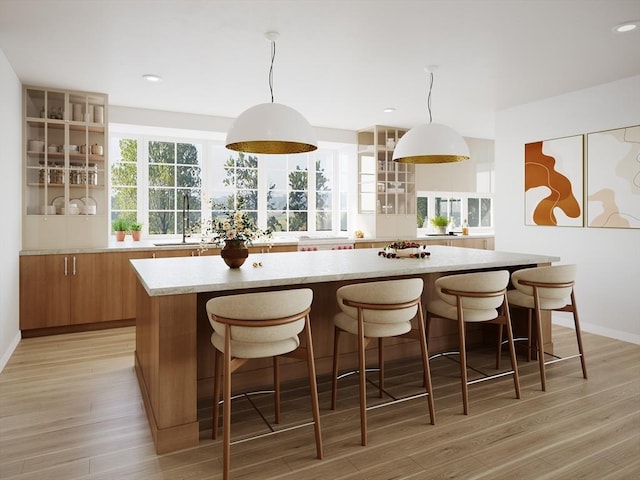 kitchen featuring light wood-type flooring, a sink, a spacious island, and light countertops