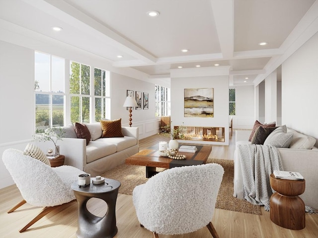 living area featuring recessed lighting, wood finished floors, and a wainscoted wall