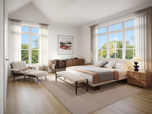 bedroom featuring wood finished floors and vaulted ceiling
