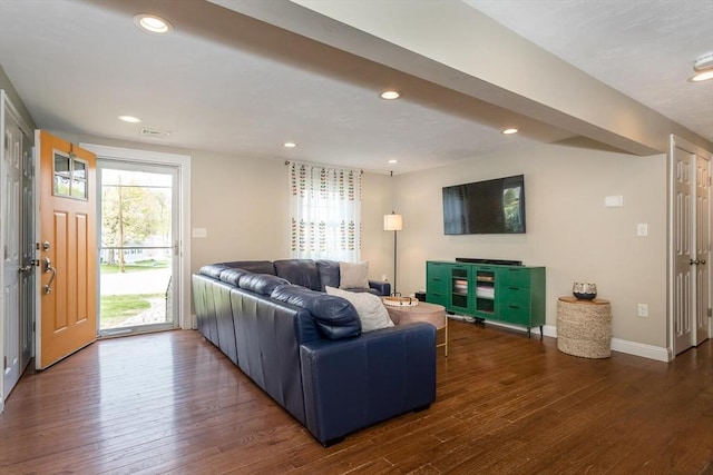 living area with a healthy amount of sunlight, baseboards, wood-type flooring, and recessed lighting