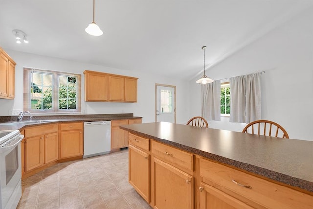 16 Amherst St, Chicopee, MA 01013 - kitchen featuring white appliances, dark countertops, lofted ceiling, decorative light fixtures, and light brown cabinetry