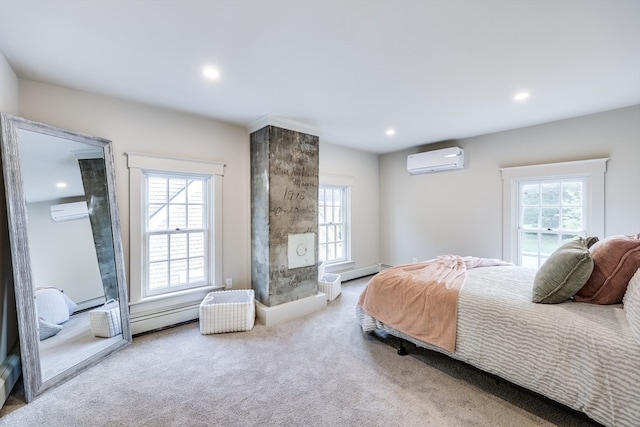 bedroom featuring light carpet, an AC wall unit, and multiple windows