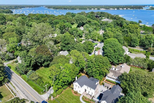 drone / aerial view with a water view