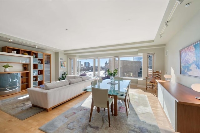 living room featuring a view of city, a raised ceiling, rail lighting, light wood-type flooring, and baseboards