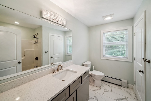 bathroom with walk in shower, vanity, toilet, and a baseboard heating unit