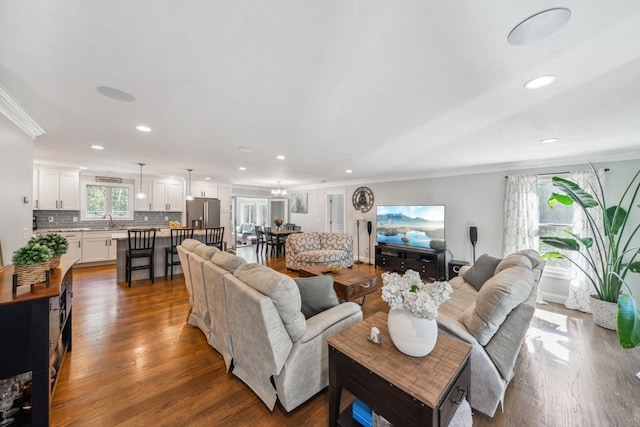 living room featuring ornamental molding, sink, plenty of natural light, and dark hardwood / wood-style flooring