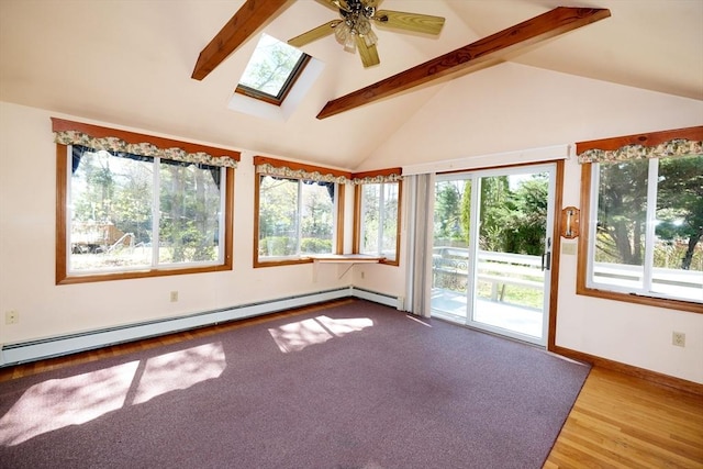 unfurnished sunroom with a skylight, a healthy amount of sunlight, beam ceiling, and a baseboard radiator
