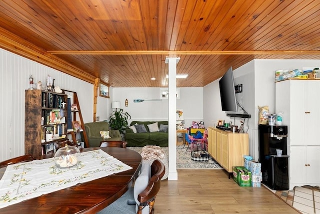 dining area with wooden ceiling and light wood finished floors