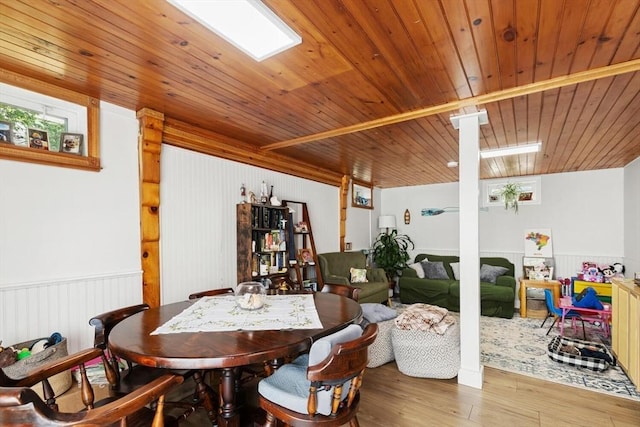 dining area featuring wood finished floors, wooden ceiling, and a wainscoted wall
