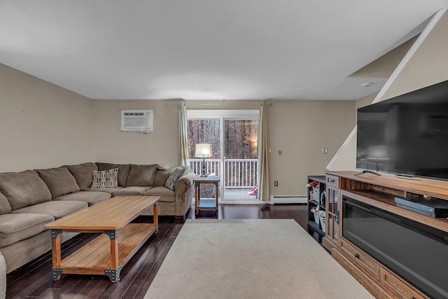 living room with baseboard heating, dark hardwood / wood-style flooring, and a wall unit AC