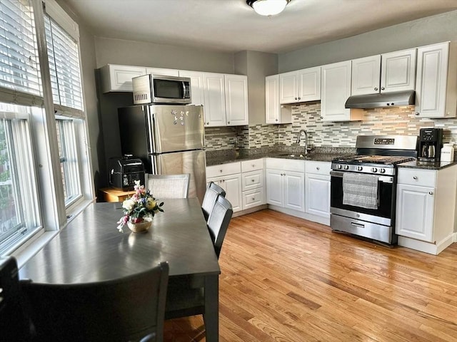 kitchen with stainless steel appliances, under cabinet range hood, white cabinetry, and a sink