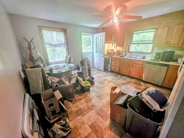 209-211 Ventura St, Ludlow, MA 01056 - kitchen featuring stainless steel dishwasher, light brown cabinets, light stone finish flooring, ceiling fan, and stove