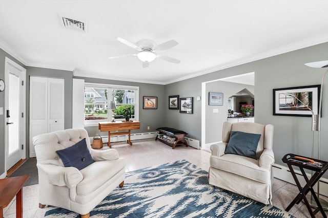 64 Pond St, Nahant, MA 01908 - sitting room featuring a baseboard heating unit, crown molding, a ceiling fan, and baseboard heating