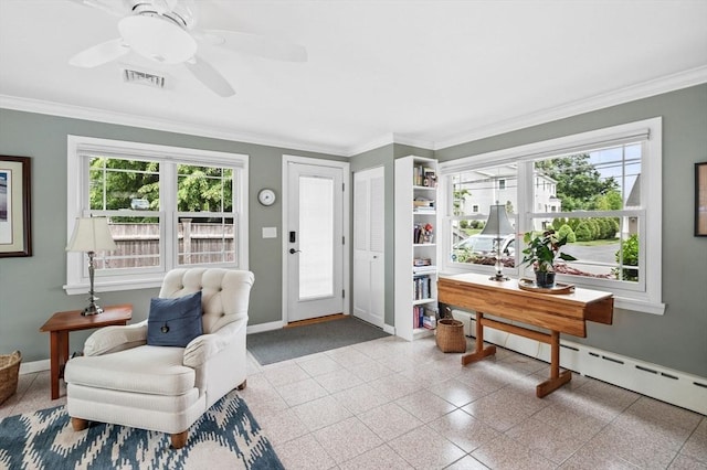 64 Pond St, Nahant, MA 01908 - foyer with ornamental molding, a baseboard radiator, granite tiled floors, and a ceiling fan