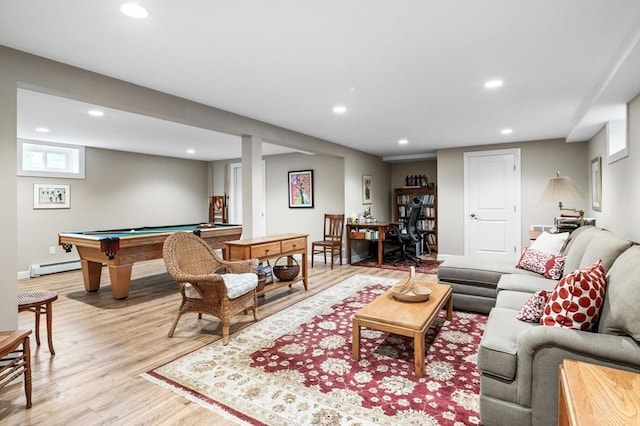 64 Pond St, Nahant, MA 01908 - living room featuring recessed lighting, pool table, light wood-style floors, and a baseboard radiator