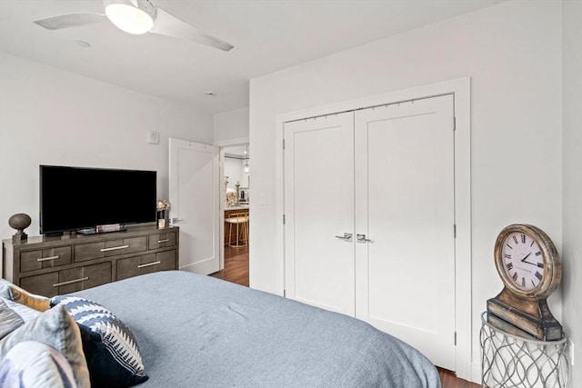 bedroom featuring wood-type flooring, ceiling fan, and a closet