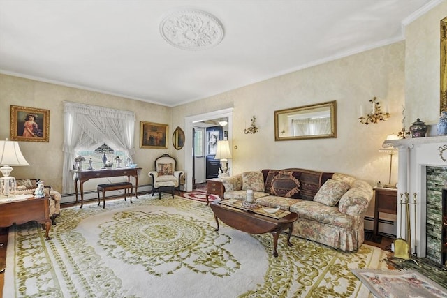 living area featuring a baseboard radiator, ornamental molding, and a fireplace
